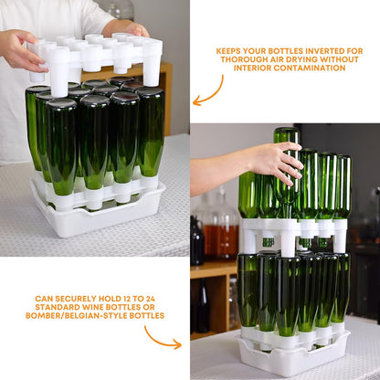 FASTFERMENT - 12-Bottle Drying Rack & Tray| Bottle Drying Tree Alternative | Dry & Store your Wine or Bomber/Belgian Bottles | Stackable | White | Dishwasher Safe | Home Brewing Supplies