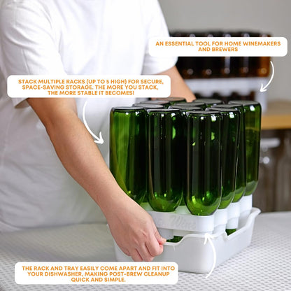 FASTFERMENT - 12-Bottle Drying Rack & Tray| Bottle Drying Tree Alternative | Dry & Store your Wine or Bomber/Belgian Bottles | Stackable | White | Dishwasher Safe | Home Brewing Supplies
