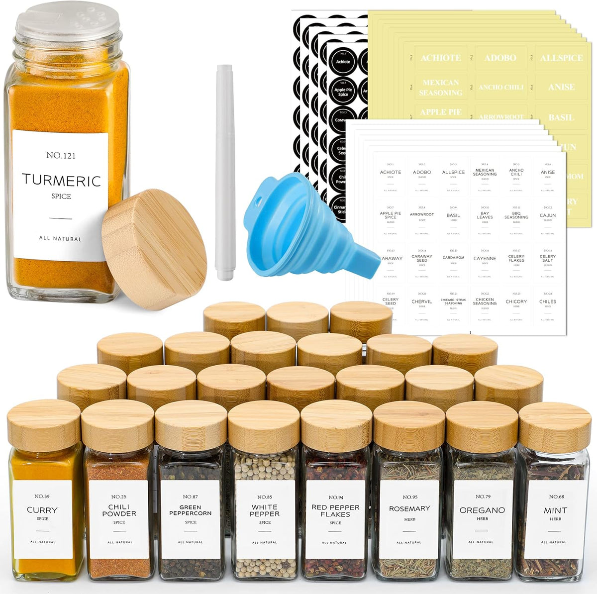 24 Pcs Glass Spice Jars with Bamboo Lids, 4 oz Glass Jars with Minimalist Farmhouse Spice Labels Stickers, Collapsible Funnel, Seasoning Storage Bottles for Spice Rack, Cabinet, Drawer | Airtight Bamboo Lids, Waterproof Minimalist Spice Stickers, Funnel,