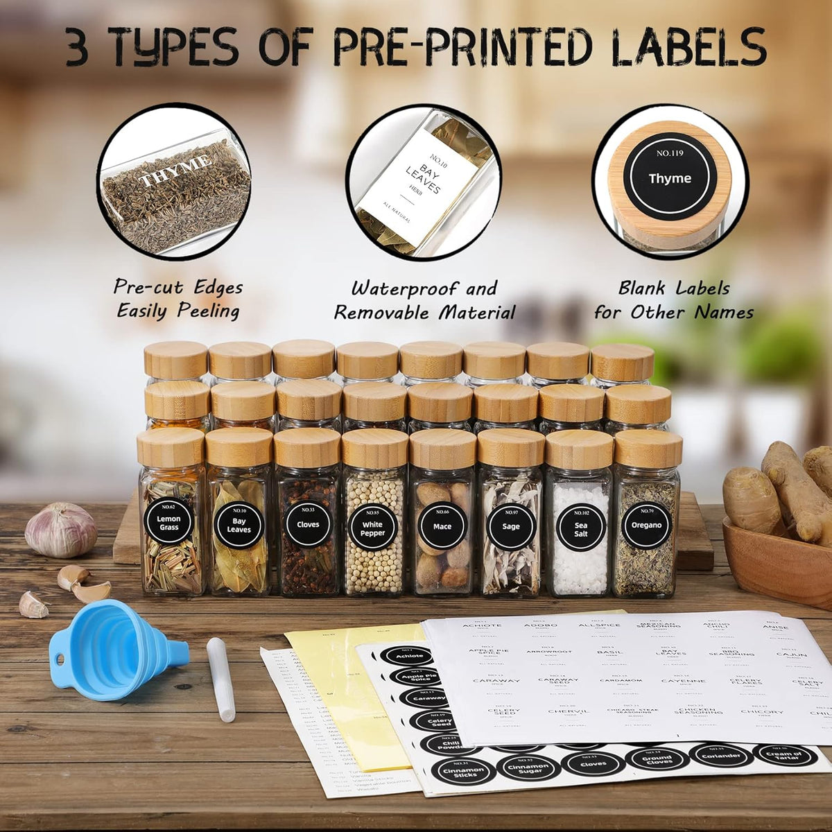 24 Pcs Glass Spice Jars with Bamboo Lids, 4 oz Glass Jars with Minimalist Farmhouse Spice Labels Stickers, Collapsible Funnel, Seasoning Storage Bottles for Spice Rack, Cabinet, Drawer | Airtight Bamboo Lids, Waterproof Minimalist Spice Stickers, Funnel,