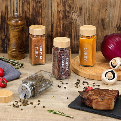 24 Pcs Glass Spice Jars with Bamboo Lids, 4 oz Glass Jars with Minimalist Farmhouse Spice Labels Stickers, Collapsible Funnel, Seasoning Storage Bottles for Spice Rack, Cabinet, Drawer | Airtight Bamboo Lids, Waterproof Minimalist Spice Stickers, Funnel,