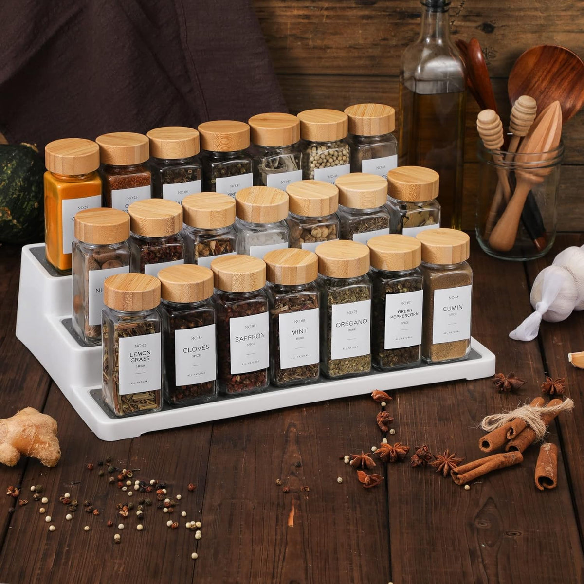 24 Pcs Glass Spice Jars with Bamboo Lids, 4 oz Glass Jars with Minimalist Farmhouse Spice Labels Stickers, Collapsible Funnel, Seasoning Storage Bottles for Spice Rack, Cabinet, Drawer | Airtight Bamboo Lids, Waterproof Minimalist Spice Stickers, Funnel,