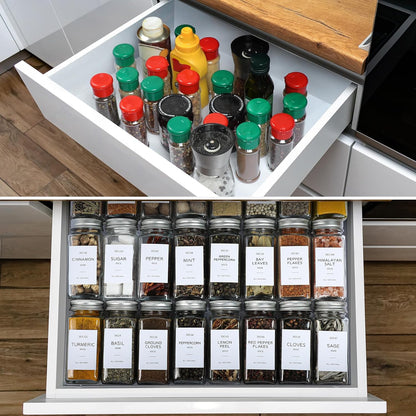 24 Pcs Glass Spice Jars with Bamboo Lids, 4 oz Glass Jars with Minimalist Farmhouse Spice Labels Stickers, Collapsible Funnel, Seasoning Storage Bottles for Spice Rack, Cabinet, Drawer | Airtight Bamboo Lids, Waterproof Minimalist Spice Stickers, Funnel,