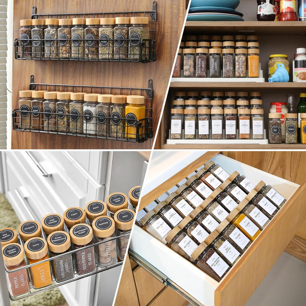 24 Pcs Glass Spice Jars with Bamboo Lids, 4 oz Glass Jars with Minimalist Farmhouse Spice Labels Stickers, Collapsible Funnel, Seasoning Storage Bottles for Spice Rack, Cabinet, Drawer | Airtight Bamboo Lids, Waterproof Minimalist Spice Stickers, Funnel,