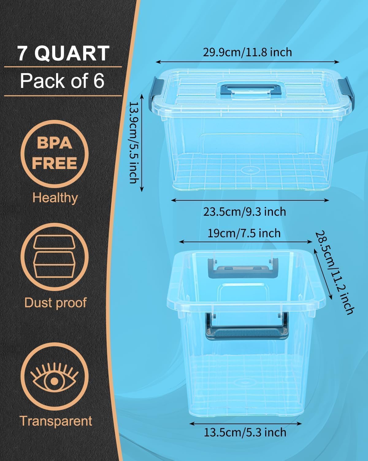 Storage Bins with Lids,7Qt Clear Stackable Storage Containers With Lids Buckle Latches.Perfect for LEGO, Crafts, Office Supplies, and Dorm Room Organization,6-Pack (Clear)