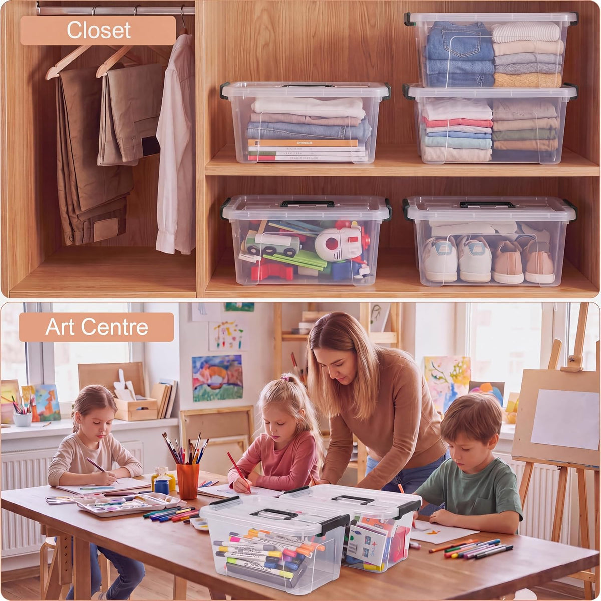 Storage Bins with Lids,7Qt Clear Stackable Storage Containers With Lids Buckle Latches.Perfect for LEGO, Crafts, Office Supplies, and Dorm Room Organization,6-Pack (Clear)