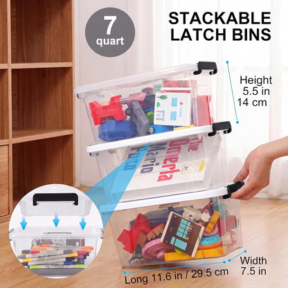 Storage Bins with Lids,7Qt Clear Stackable Storage Containers With Lids Buckle Latches.Perfect for LEGO, Crafts, Office Supplies, and Dorm Room Organization,6-Pack (Clear)