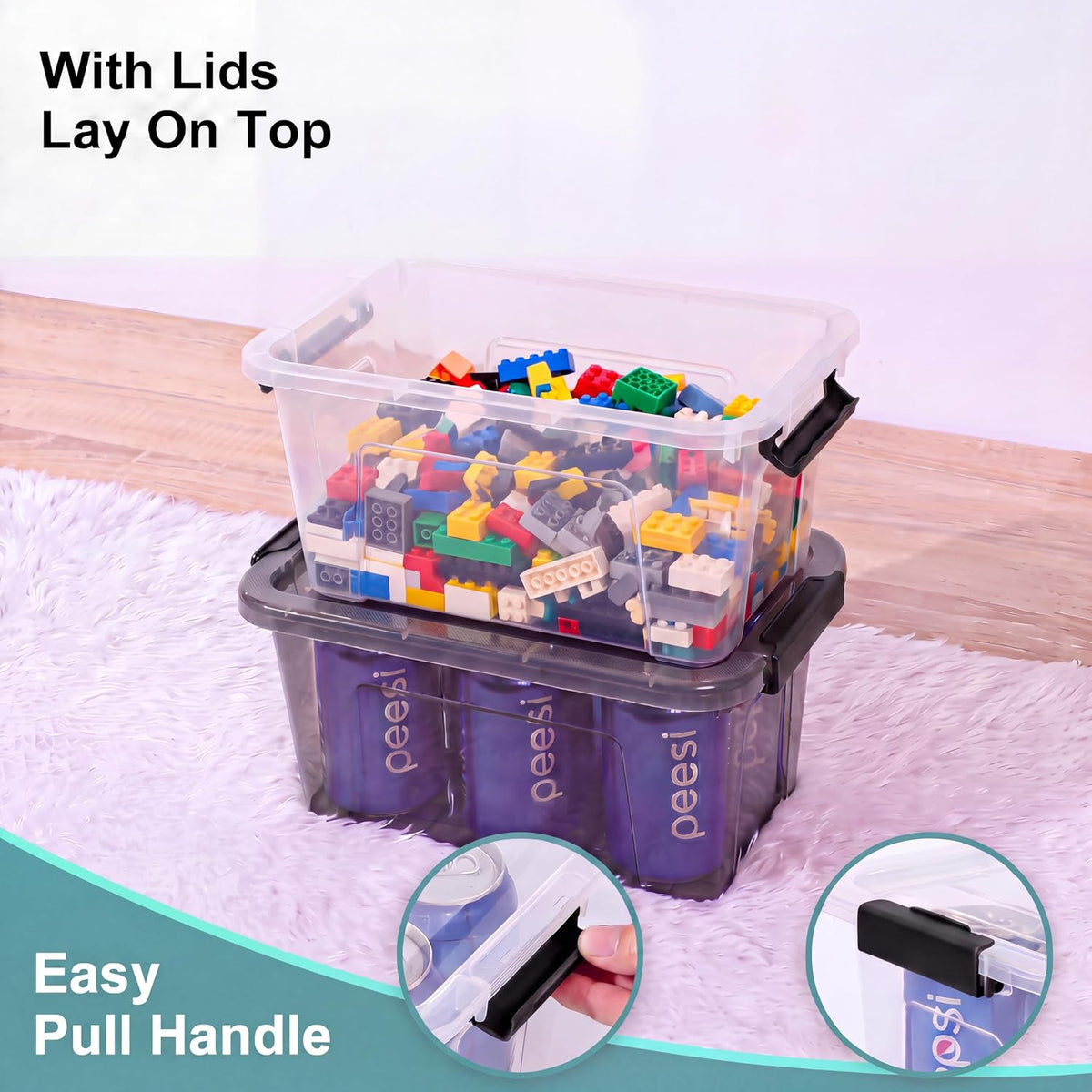 Storage Bins with Lids,7Qt Clear Stackable Storage Containers With Lids Buckle Latches.Perfect for LEGO, Crafts, Office Supplies, and Dorm Room Organization,6-Pack (Clear)
