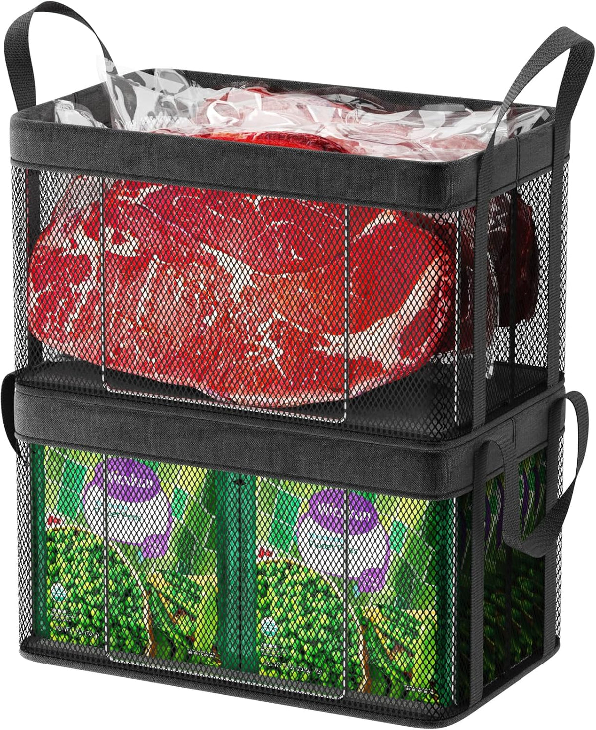 Freezer Organizer Bins - Large Baskets for 5 to 7 Cu.Ft | Fabric and Stainless Steel Frame, Easy Access Handles, Stackable Storage, Sorts Frozen Meat Vegetables Without Digging, Home