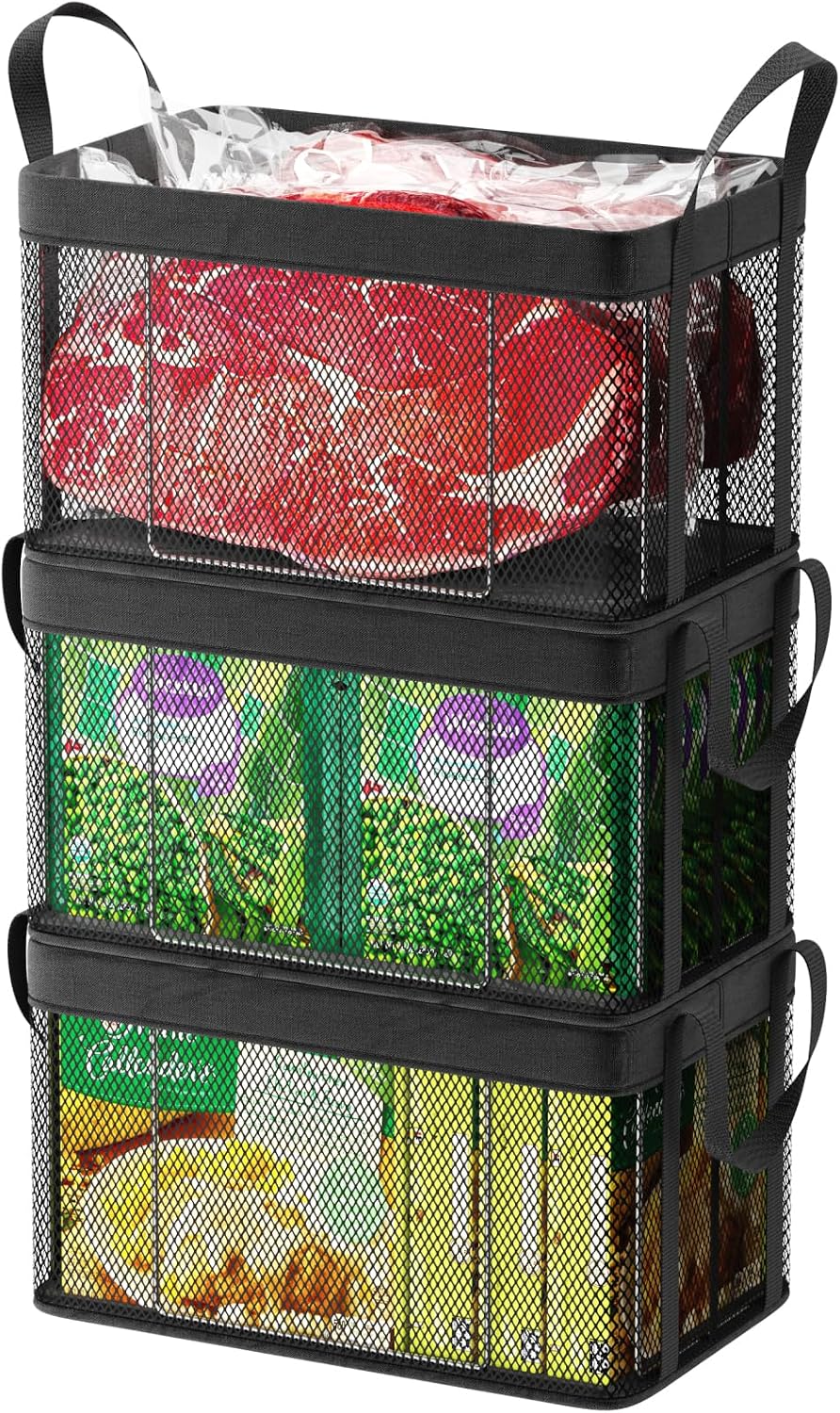 Freezer Organizer Bins - Large Baskets for 5 to 7 Cu.Ft | Fabric and Stainless Steel Frame, Easy Access Handles, Stackable Storage, Sorts Frozen Meat Vegetables Without Digging, Home