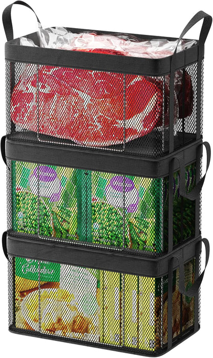 Freezer Organizer Bins - Large Baskets for 5 to 7 Cu.Ft | Fabric and Stainless Steel Frame, Easy Access Handles, Stackable Storage, Sorts Frozen Meat Vegetables Without Digging, Home