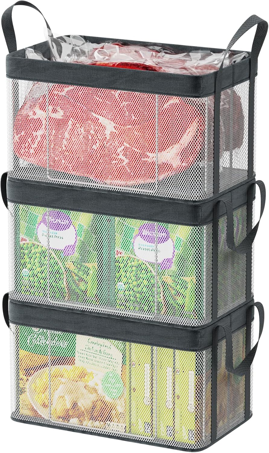 Freezer Organizer Bins - Large Baskets for 5 to 7 Cu.Ft | Fabric and Stainless Steel Frame, Easy Access Handles, Stackable Storage, Sorts Frozen Meat Vegetables Without Digging, Home