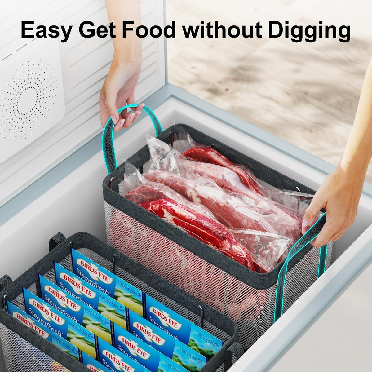 Freezer Organizer Bins - Large Baskets for 5 to 7 Cu.Ft | Fabric and Stainless Steel Frame, Easy Access Handles, Stackable Storage, Sorts Frozen Meat Vegetables Without Digging, Home