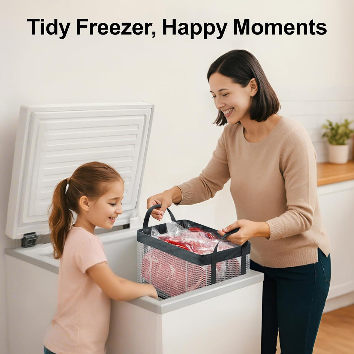 Freezer Organizer Bins - Large Baskets for 5 to 7 Cu.Ft | Fabric and Stainless Steel Frame, Easy Access Handles, Stackable Storage, Sorts Frozen Meat Vegetables Without Digging, Home