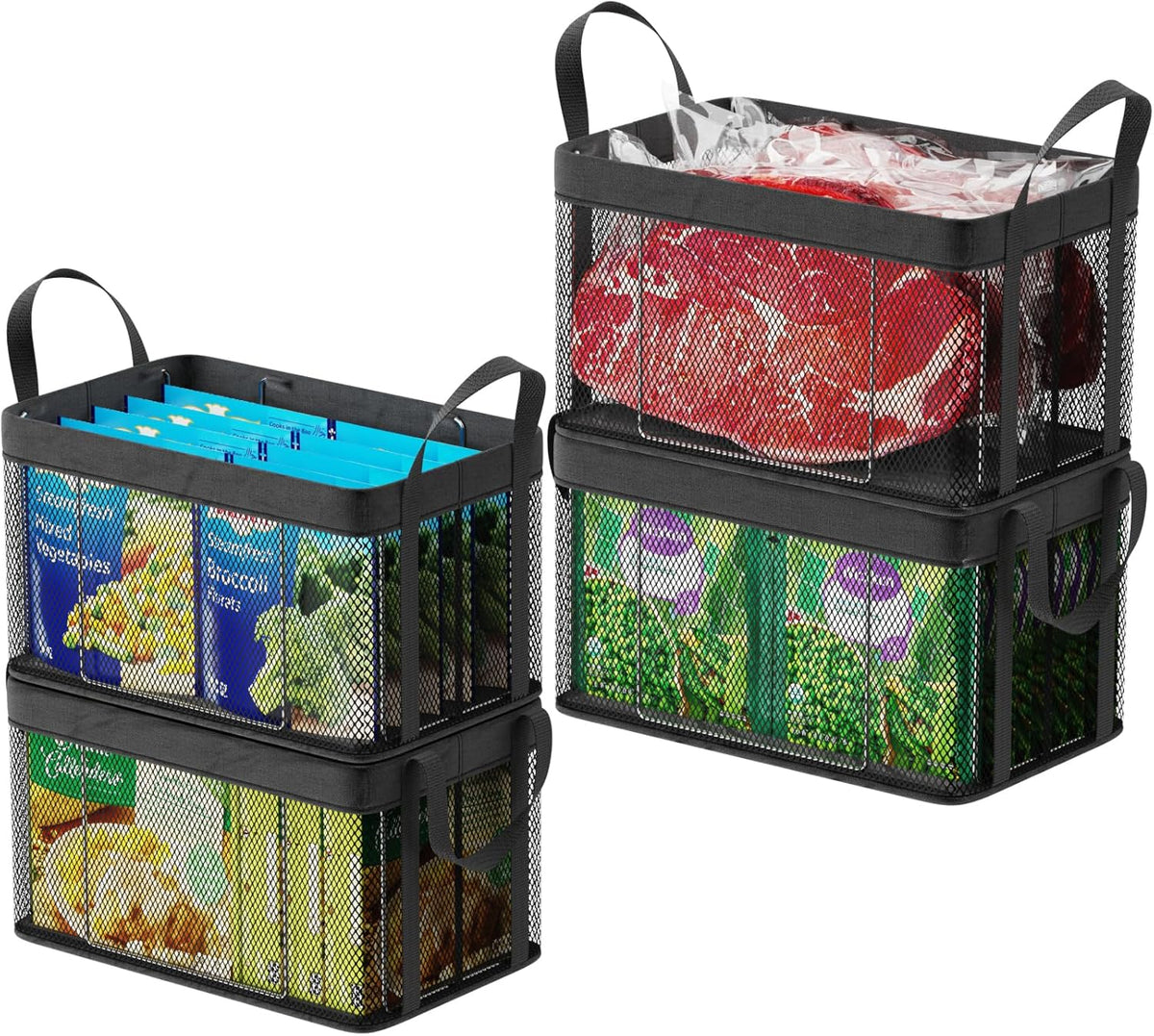 Freezer Organizer Bins - Large Baskets for 5 to 7 Cu.Ft | Fabric and Stainless Steel Frame, Easy Access Handles, Stackable Storage, Sorts Frozen Meat Vegetables Without Digging, Home