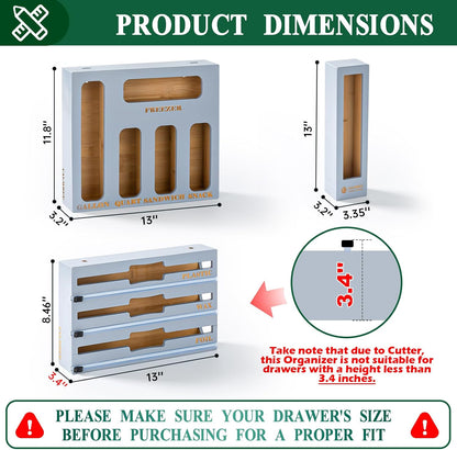 9 in 1 Bamboo Storage Bag Organizer for Kitchen Drawer – Plastic Wrap Dispenser with Cutter & Foil Organizer, Wooden Baggie Organizer for Sandwich, Snack, Gallon, Quart Sizes, Black