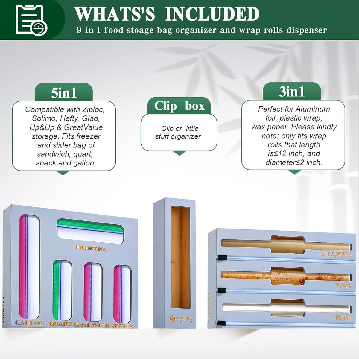 9 in 1 Bamboo Storage Bag Organizer for Kitchen Drawer – Plastic Wrap Dispenser with Cutter & Foil Organizer, Wooden Baggie Organizer for Sandwich, Snack, Gallon, Quart Sizes, Black