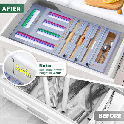 9 in 1 Bamboo Storage Bag Organizer for Kitchen Drawer – Plastic Wrap Dispenser with Cutter & Foil Organizer, Wooden Baggie Organizer for Sandwich, Snack, Gallon, Quart Sizes, Black