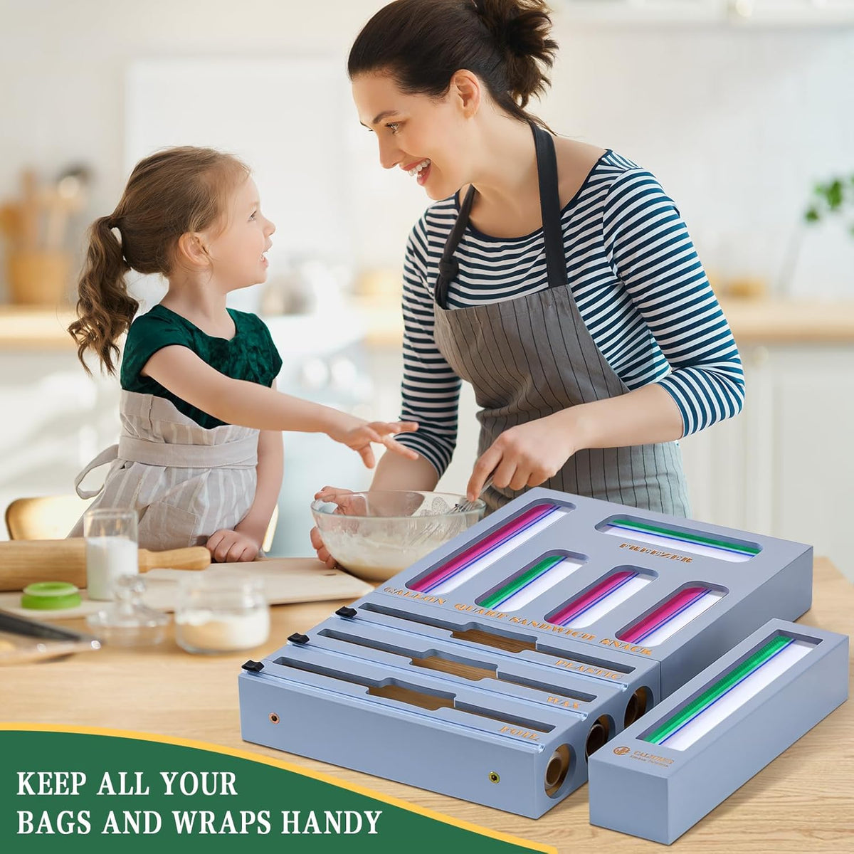 9 in 1 Bamboo Storage Bag Organizer for Kitchen Drawer – Plastic Wrap Dispenser with Cutter & Foil Organizer, Wooden Baggie Organizer for Sandwich, Snack, Gallon, Quart Sizes, Black