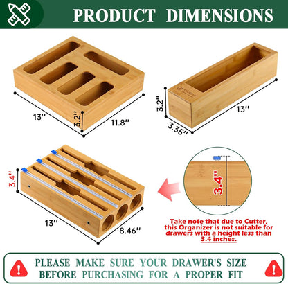 9 in 1 Bamboo Storage Bag Organizer for Kitchen Drawer – Plastic Wrap Dispenser with Cutter & Foil Organizer, Wooden Baggie Organizer for Sandwich, Snack, Gallon, Quart Sizes, Black