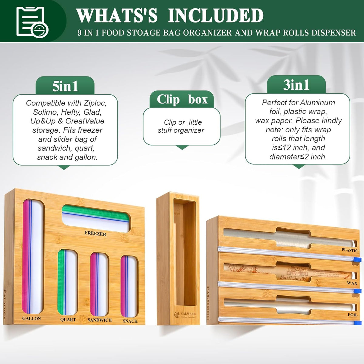 9 in 1 Bamboo Storage Bag Organizer for Kitchen Drawer – Plastic Wrap Dispenser with Cutter & Foil Organizer, Wooden Baggie Organizer for Sandwich, Snack, Gallon, Quart Sizes, Black