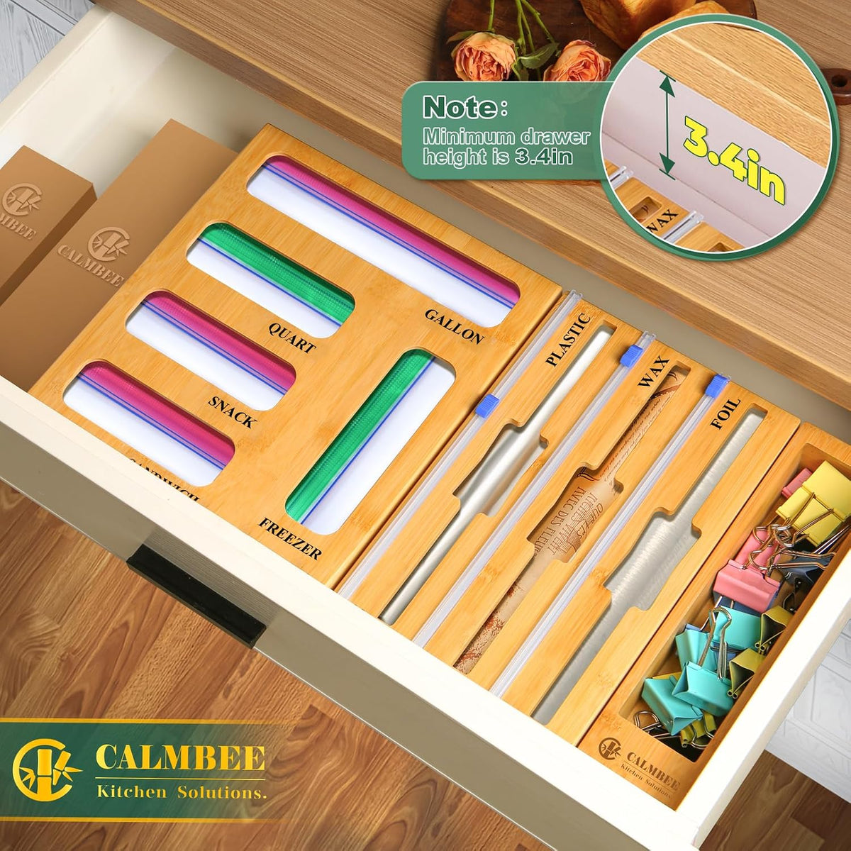 9 in 1 Bamboo Storage Bag Organizer for Kitchen Drawer – Plastic Wrap Dispenser with Cutter & Foil Organizer, Wooden Baggie Organizer for Sandwich, Snack, Gallon, Quart Sizes, Black