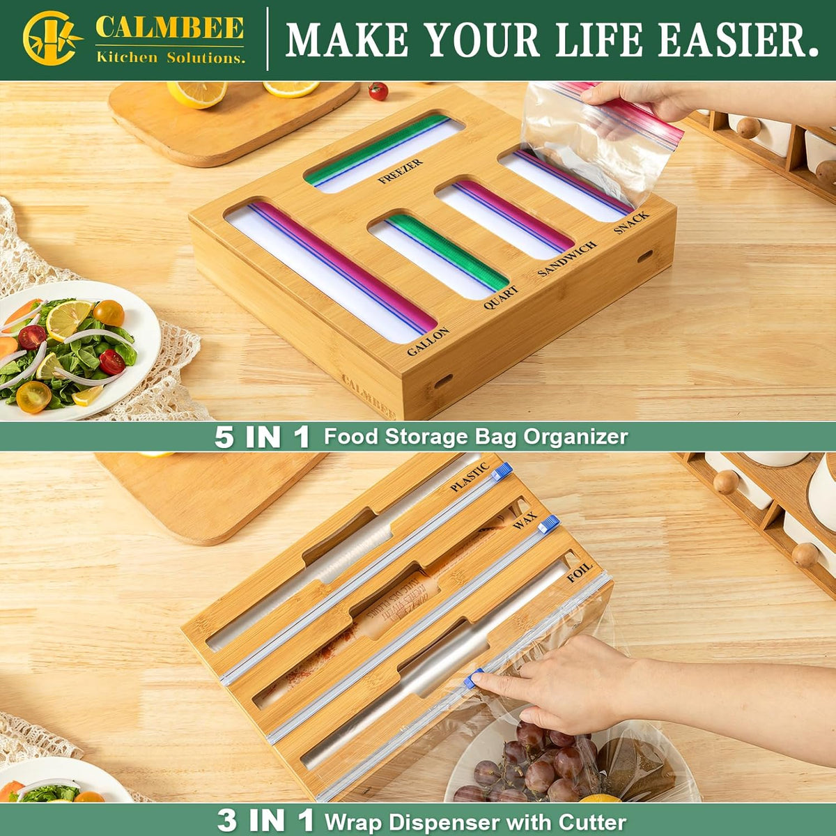 9 in 1 Bamboo Storage Bag Organizer for Kitchen Drawer – Plastic Wrap Dispenser with Cutter & Foil Organizer, Wooden Baggie Organizer for Sandwich, Snack, Gallon, Quart Sizes, Black