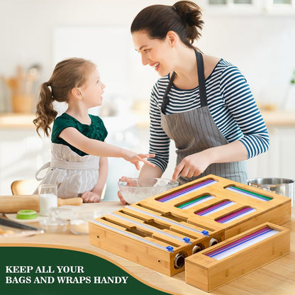 9 in 1 Bamboo Storage Bag Organizer for Kitchen Drawer – Plastic Wrap Dispenser with Cutter & Foil Organizer, Wooden Baggie Organizer for Sandwich, Snack, Gallon, Quart Sizes, Black
