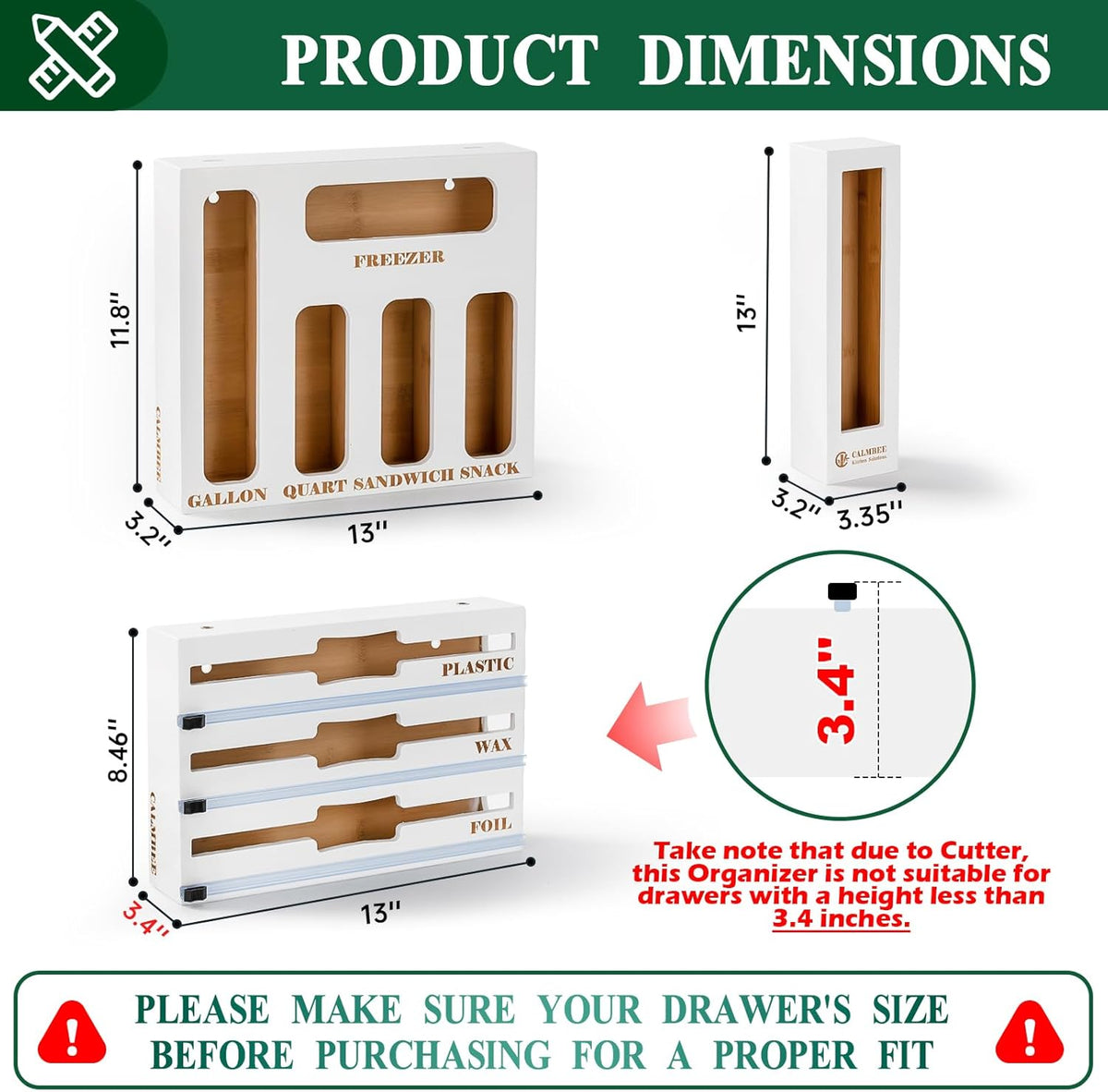 9 in 1 Bamboo Storage Bag Organizer for Kitchen Drawer – Plastic Wrap Dispenser with Cutter & Foil Organizer, Wooden Baggie Organizer for Sandwich, Snack, Gallon, Quart Sizes, Black