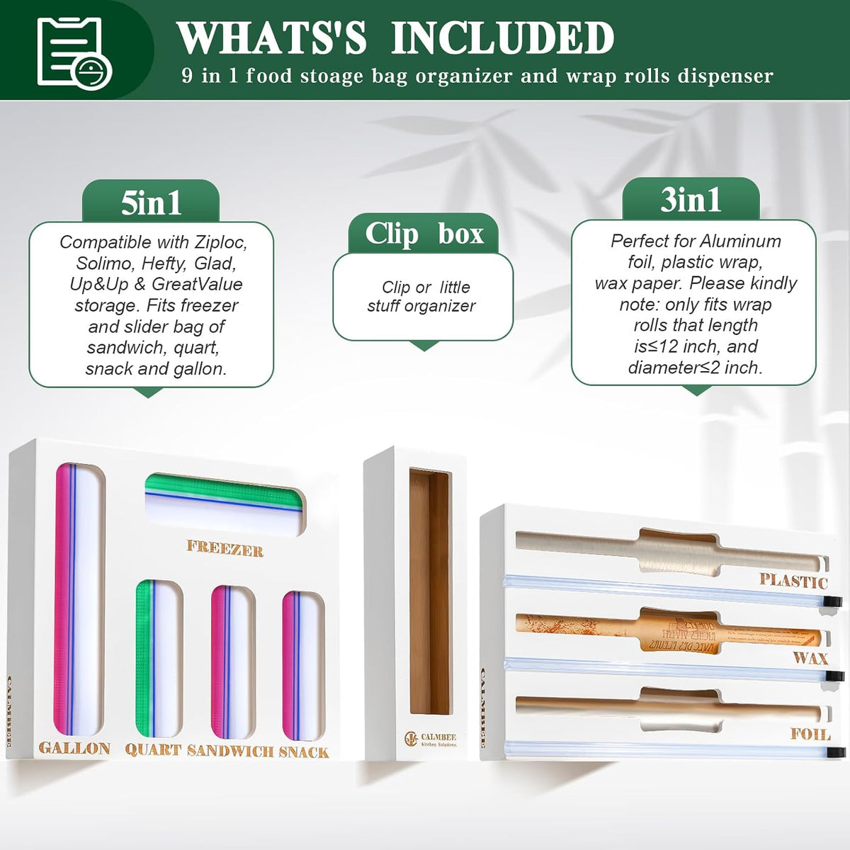 9 in 1 Bamboo Storage Bag Organizer for Kitchen Drawer – Plastic Wrap Dispenser with Cutter & Foil Organizer, Wooden Baggie Organizer for Sandwich, Snack, Gallon, Quart Sizes, Black
