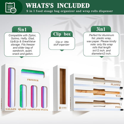 9 in 1 Bamboo Storage Bag Organizer for Kitchen Drawer – Plastic Wrap Dispenser with Cutter & Foil Organizer, Wooden Baggie Organizer for Sandwich, Snack, Gallon, Quart Sizes, Black