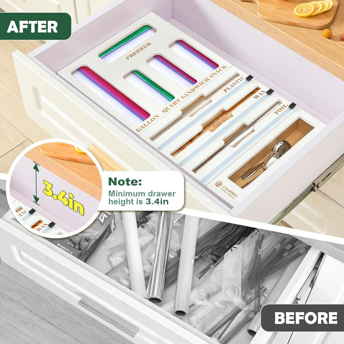 9 in 1 Bamboo Storage Bag Organizer for Kitchen Drawer – Plastic Wrap Dispenser with Cutter & Foil Organizer, Wooden Baggie Organizer for Sandwich, Snack, Gallon, Quart Sizes, Black