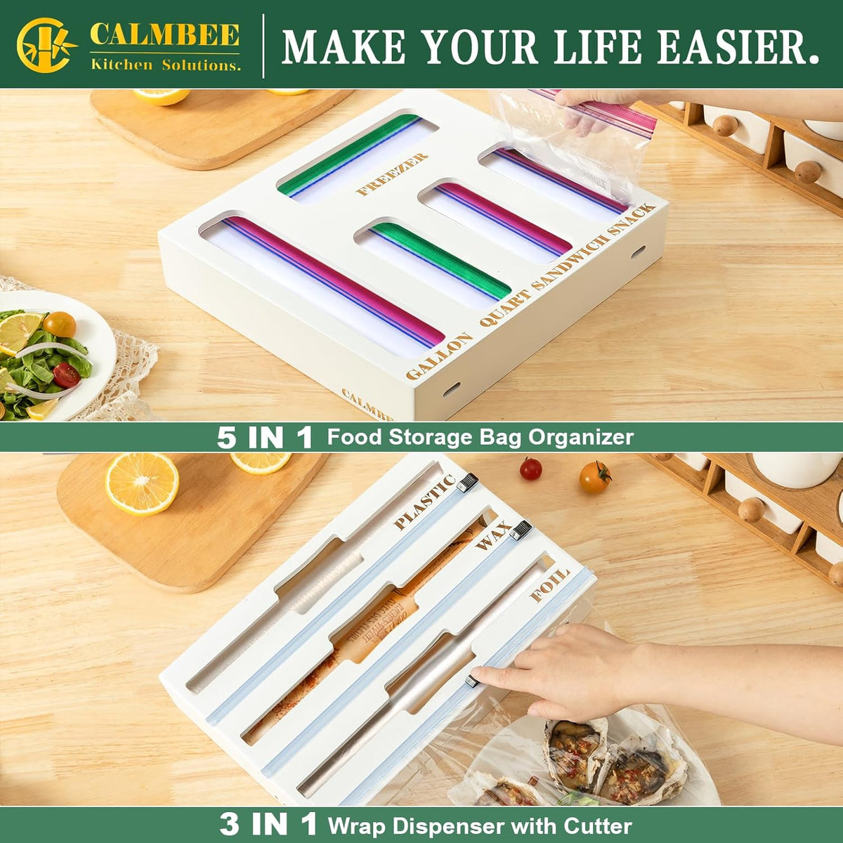 9 in 1 Bamboo Storage Bag Organizer for Kitchen Drawer – Plastic Wrap Dispenser with Cutter & Foil Organizer, Wooden Baggie Organizer for Sandwich, Snack, Gallon, Quart Sizes, Black