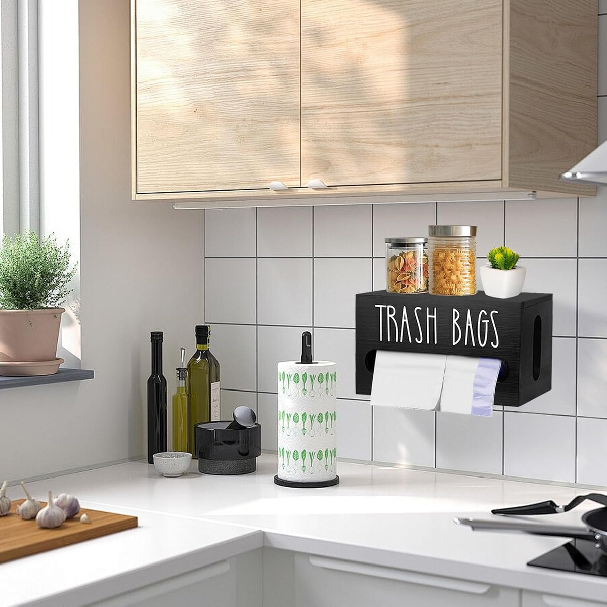 Wooden Trash Bag Dispenser Organizer with Lid for Kitchen,Under Sink Holder | Sturdy Wood Construction, Fits Under Sink or Countertop, Easy Pull-out Dispensing,Decorative Kitchen Accessory