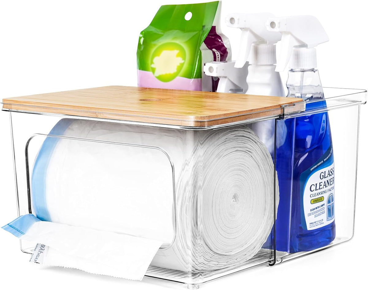 Trash Bag and Dishwasher Pod Dispenser - 3 in 1 Clear Storage Bins Holder for 13/30/33 Gallon Garbage Bags, Laundry Detergent Pods & Tabs, Under Sink Organizer for Kitchen and Laundry Room