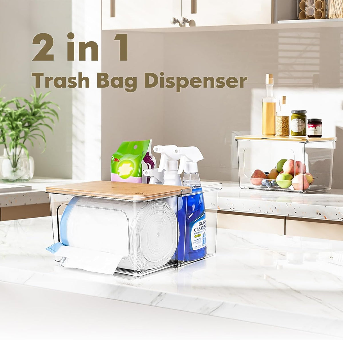 Trash Bag and Dishwasher Pod Dispenser - 3 in 1 Clear Storage Bins Holder for 13/30/33 Gallon Garbage Bags, Laundry Detergent Pods & Tabs, Under Sink Organizer for Kitchen and Laundry Room