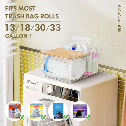 Trash Bag and Dishwasher Pod Dispenser - 3 in 1 Clear Storage Bins Holder for 13/30/33 Gallon Garbage Bags, Laundry Detergent Pods & Tabs, Under Sink Organizer for Kitchen and Laundry Room
