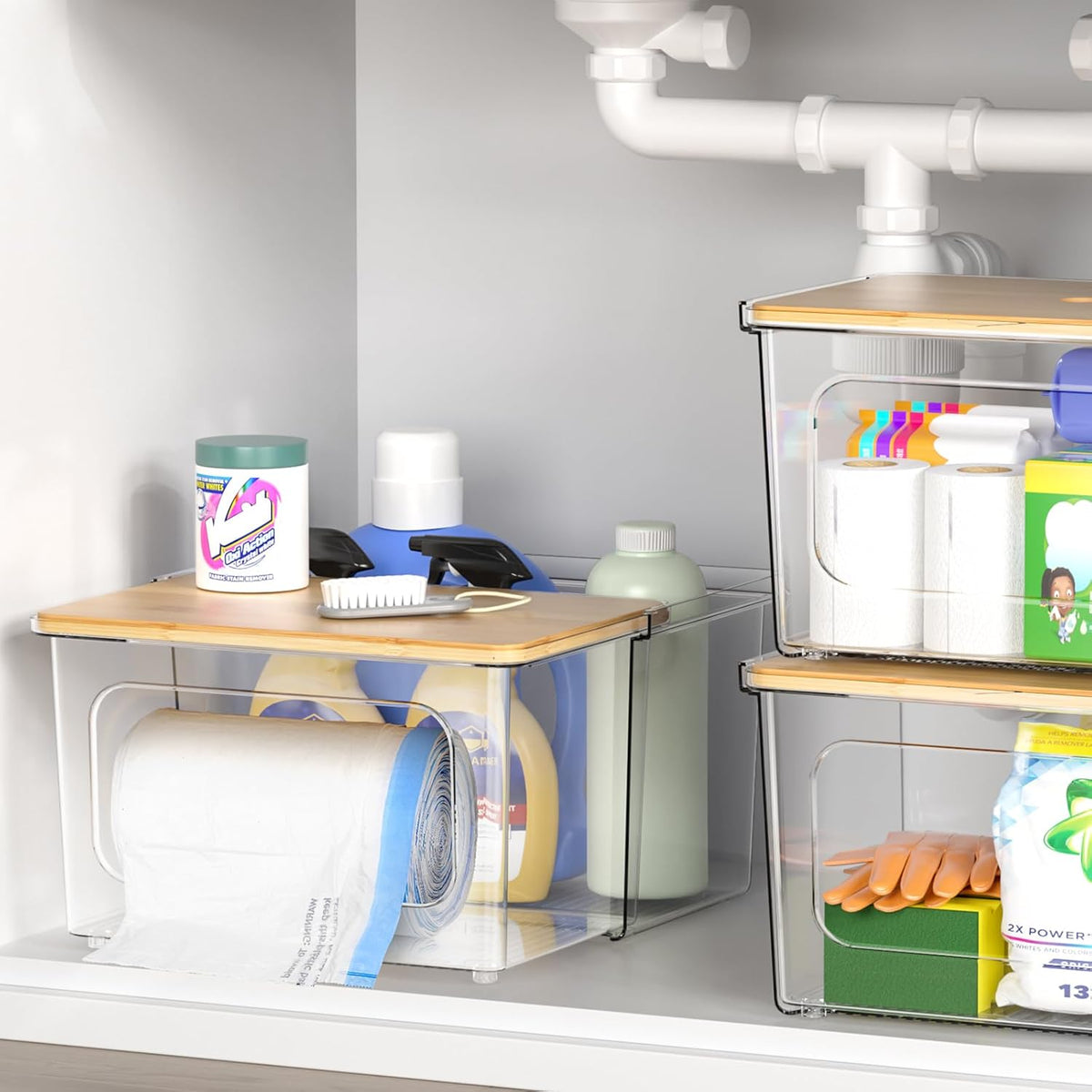 Trash Bag and Dishwasher Pod Dispenser - 3 in 1 Clear Storage Bins Holder for 13/30/33 Gallon Garbage Bags, Laundry Detergent Pods & Tabs, Under Sink Organizer for Kitchen and Laundry Room