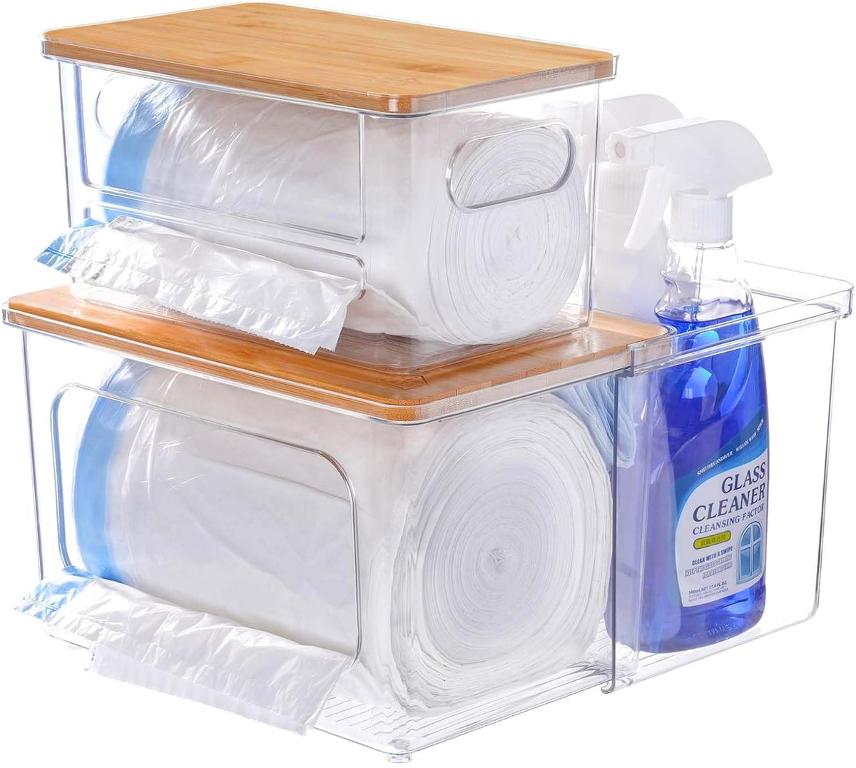 Trash Bag and Dishwasher Pod Dispenser - 3 in 1 Clear Storage Bins Holder for 13/30/33 Gallon Garbage Bags, Laundry Detergent Pods & Tabs, Under Sink Organizer for Kitchen and Laundry Room
