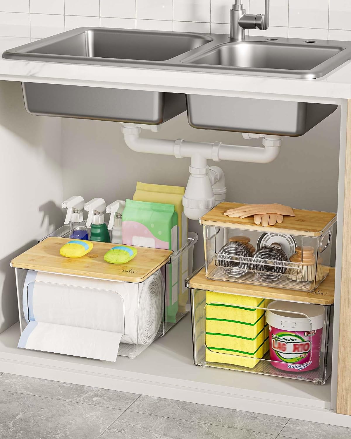 Trash Bag and Dishwasher Pod Dispenser - 3 in 1 Clear Storage Bins Holder for 13/30/33 Gallon Garbage Bags, Laundry Detergent Pods & Tabs, Under Sink Organizer for Kitchen and Laundry Room