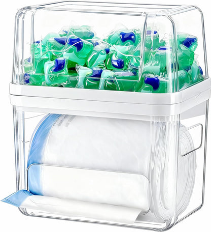 Trash Bag and Dishwasher Pod Dispenser - 3 in 1 Clear Storage Bins Holder for 13/30/33 Gallon Garbage Bags, Laundry Detergent Pods & Tabs, Under Sink Organizer for Kitchen and Laundry Room