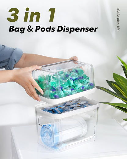 Trash Bag and Dishwasher Pod Dispenser - 3 in 1 Clear Storage Bins Holder for 13/30/33 Gallon Garbage Bags, Laundry Detergent Pods & Tabs, Under Sink Organizer for Kitchen and Laundry Room