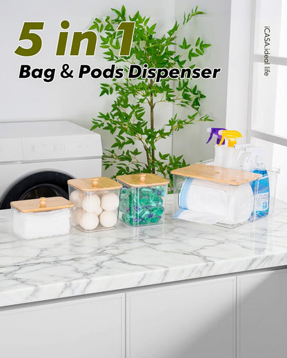 Trash Bag and Dishwasher Pod Dispenser - 3 in 1 Clear Storage Bins Holder for 13/30/33 Gallon Garbage Bags, Laundry Detergent Pods & Tabs, Under Sink Organizer for Kitchen and Laundry Room