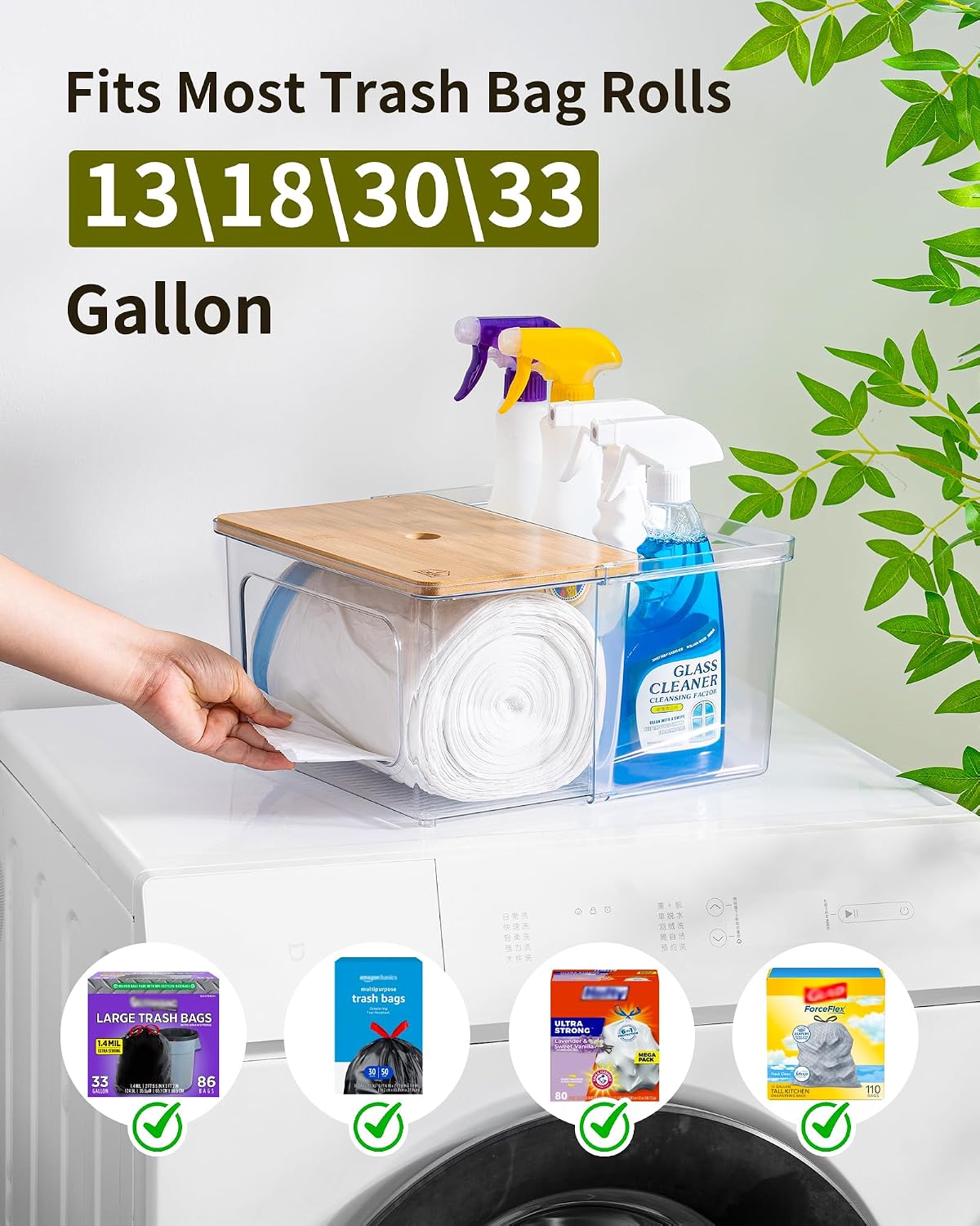 Trash Bag and Dishwasher Pod Dispenser - 3 in 1 Clear Storage Bins Holder for 13/30/33 Gallon Garbage Bags, Laundry Detergent Pods & Tabs, Under Sink Organizer for Kitchen and Laundry Room