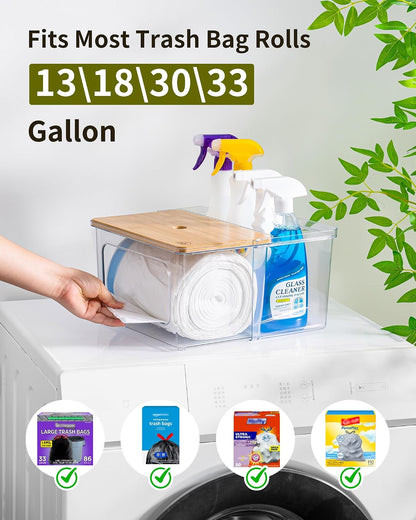 Trash Bag and Dishwasher Pod Dispenser - 3 in 1 Clear Storage Bins Holder for 13/30/33 Gallon Garbage Bags, Laundry Detergent Pods & Tabs, Under Sink Organizer for Kitchen and Laundry Room