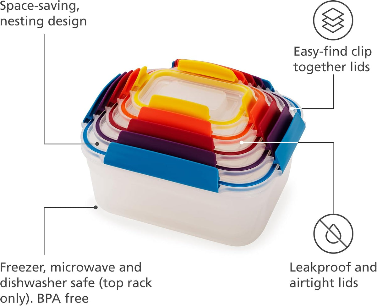 Nest Lock Plastic BPA Free Food Storage Container Set with Lockable Airtight Leakproof Lids, Multi-Color
