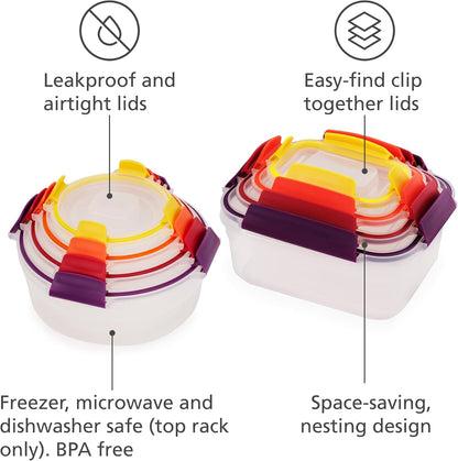 Nest Lock Plastic BPA Free Food Storage Container Set with Lockable Airtight Leakproof Lids, Multi-Color