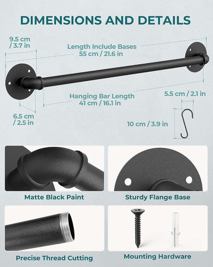 21'' Pot Rack Wall Mounted, Iron Pipe Hanging Rack, 10 S Hooks, 2Pack