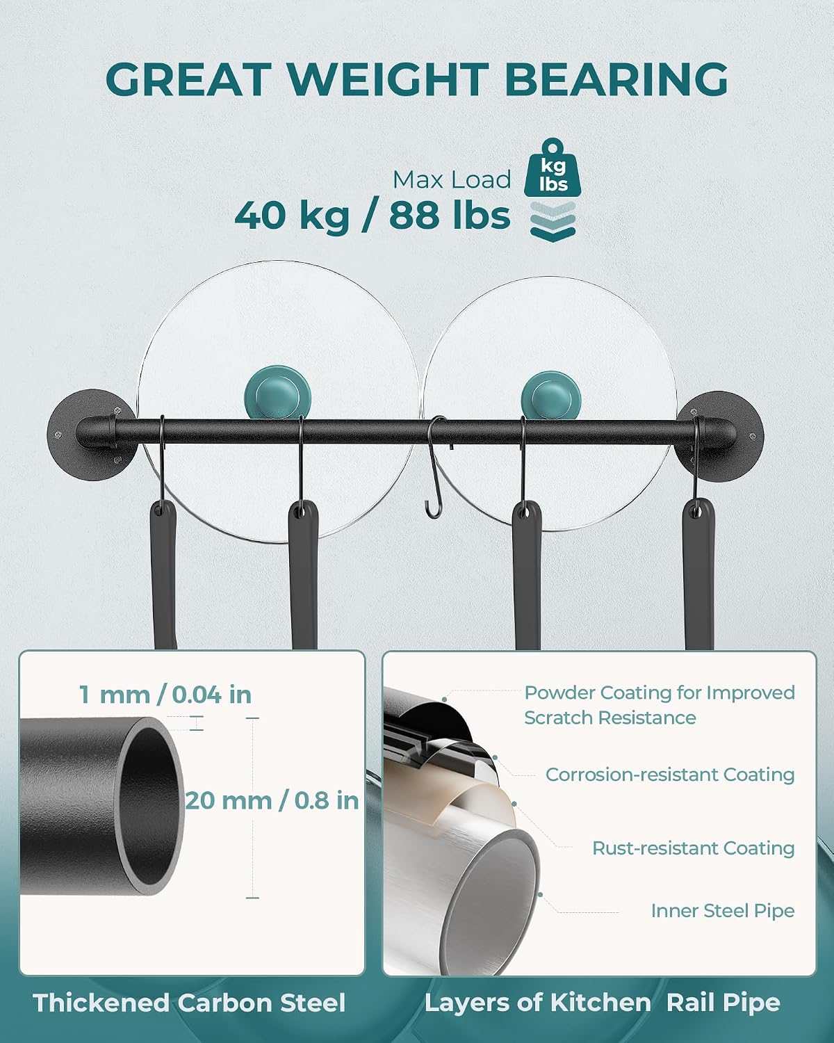21'' Pot Rack Wall Mounted, Iron Pipe Hanging Rack, 10 S Hooks, 2Pack