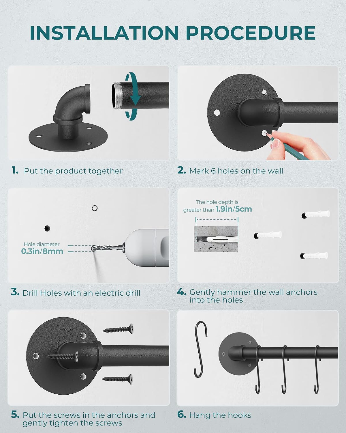 21'' Pot Rack Wall Mounted, Iron Pipe Hanging Rack, 10 S Hooks, 2Pack
